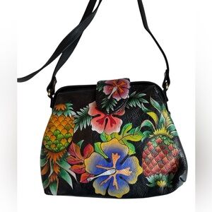 Biacci Hand-Painted Leather Crossbody Bag Tropical Hibiscus Pineapple Design